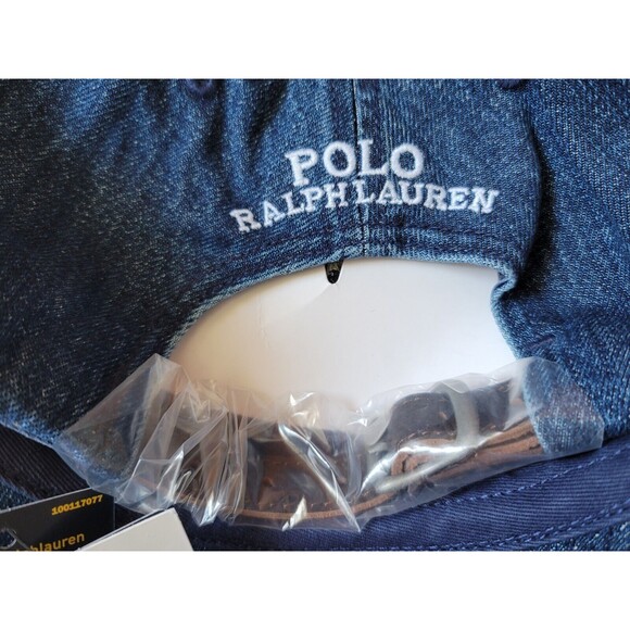 Polo Ralph Lauren BEAR Dark Wash Denim Blue Leather Strapback Baseball H… - Picture 6 of 7